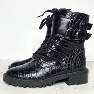 Vince Camuto Fawdry Black Crocodile Embossed Leather Lace Up Boot 5 1/2 M